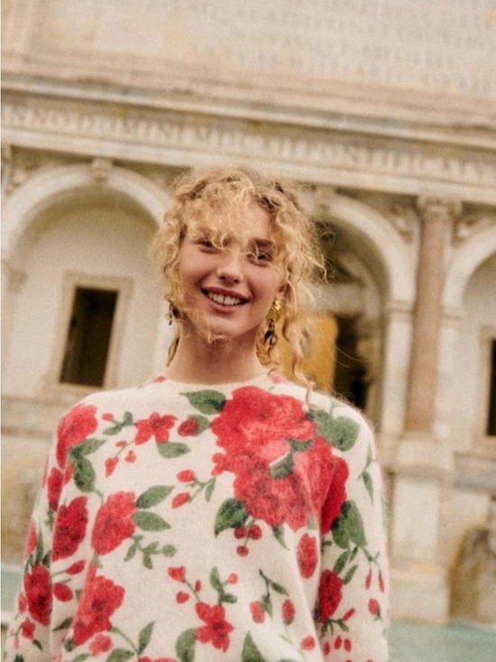 Sezane Sweaters - Sezane Cream Crewneck Sweater with Red Rose Print